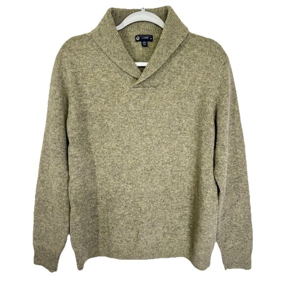 J Crew 100% Lambswool Sweater Mens Medium Tan Taupe Marled Knit Shawl Collar - Picture 1 of 7